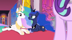 Size: 1280x720 | Tagged: safe, edit, edited screencap, screencap, princess celestia, princess luna, starlight glimmer, alicorn, pony, unicorn, a royal problem, g4, canterlot castle, carpet, cute, cutie mark swap, dream, dream walker celestia, hoof shoes, looking at each other, lying down, prone, royal sisters, shipping fuel, smiling, sploot, stained glass, throne, throne room
