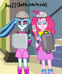 Size: 1700x2011 | Tagged: safe, artist:ktd1993, pinkie pie, sonata dusk, equestria girls, g4, female, lesbian, pans, pot, ship:pinata, shipping, spatula