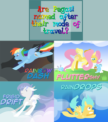 Size: 2135x2404 | Tagged: safe, artist:moonbeamwhim, fluttershy, rainbow dash, sunshower raindrops, oc, oc:frigid drift, pegasus, pony, rabbit, ask pun, g4, ask, cloud, falling, female, high res, mare