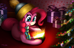 Size: 5120x3360 | Tagged: safe, artist:darksly, pinkie pie, earth pony, pony, g4, christmas, christmas tree, female, holiday, mare, present, solo, tree