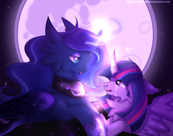 Size: 1900x1492 | Tagged: safe, artist:topolok, princess luna, twilight sparkle, alicorn, pony, g4, concave belly, crying, curved horn, duo, female, full moon, glowing horn, holding hooves, horn, looking at each other, mare, moon, night, peytral, prone, twilight sparkle (alicorn)