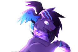 Size: 3000x2000 | Tagged: safe, artist:topolok, oc, oc only, original species, pony, bust, cheek fluff, eye scar, frown, head wings, high res, portrait, raised hoof, scar, simple background, solo, white background, wing ears, wings