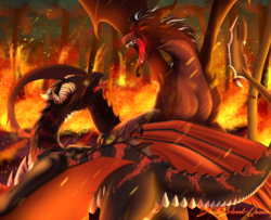 Size: 2652x2156 | Tagged: safe, artist:blackblood-queen, oc, oc only, oc:claudis, dragon, barely pony related, claws, commission, dragon oc, fight, fire, high res, male, open mouth, scar, sharp teeth, teeth, tree