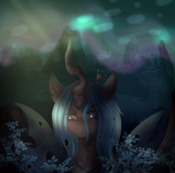 Size: 3400x3353 | Tagged: safe, artist:topolok, queen chrysalis, changeling, changeling queen, g4, :<, bust, crown, female, high res, jewelry, looking down, mountain, portrait, regalia, sad, solo, spread wings, wings