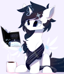 Size: 1300x1500 | Tagged: safe, artist:heddopen, oc, oc only, oc:yuna hala, pony, unicorn, book, chest fluff, clothes, ear fluff, hairpin, magic, mug, scarf, solo