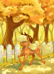 Size: 794x1096 | Tagged: safe, artist:skyaircobra, applejack, earth pony, pony, g4, autumn, colored hooves, cowboy hat, eyes closed, female, fence, hat, mare, smiling, solo, tree, trotting