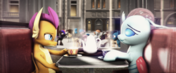 Size: 4096x1716 | Tagged: safe, artist:lux-the-pegasus, ocellus, smolder, changedling, changeling, dragon, g4, 3d, changeling x dragon, coffee, cup, dragoness, female, lesbian, ship:smolcellus, shipping, teacup, teapot
