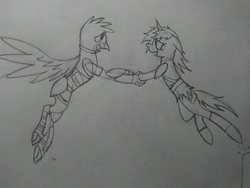 Size: 2560x1920 | Tagged: safe, artist:derpanater, oc, griffon, pony, unicorn, fallout equestria, armor, clothes, female, flying, jumping, looking at each other, love, male, oc x oc, raider, romantic, shipping, smiling, straight, traditional art