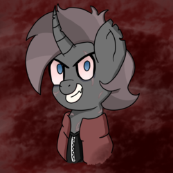 Size: 900x900 | Tagged: safe, artist:feelingpandy, oc, oc only, oc:rage, pony, unicorn, fallout equestria, bloodshot eyes, bust, clothes, edgy, fallout equestria oc, grin, male, multicolored hair, raider, red background, scar, sharp teeth, simple background, smiling, stallion, teeth