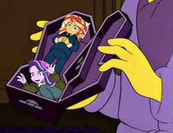 Size: 703x540 | Tagged: safe, edit, edited screencap, screencap, starlight glimmer, sunset shimmer, equestria girls, g4, clothes, coffin, dead, end of ponies, hilarious in hindsight, male, parody, simpsons did it, the end of equestria girls, the simpsons
