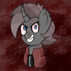 Size: 900x900 | Tagged: safe, alternate version, artist:feelingpandy, oc, oc only, oc:rage, pony, unicorn, fallout equestria, blood, bloodshot eyes, bust, clothes, edgy, fallout equestria oc, grin, male, multicolored hair, raider, red background, scar, sharp teeth, simple background, smiling, stallion, teeth