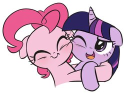 Size: 2047x1527 | Tagged: safe, artist:lemonspark, pinkie pie, twilight sparkle, alicorn, earth pony, pony, g4, eyes closed, female, hug, mare, twilight sparkle (alicorn)