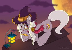 Size: 1934x1336 | Tagged: safe, artist:rexiwiksi, oc, oc only, oc:burgandy, pony, clothes, commission, costume, female, halloween, halloween costume, hat, mare, scarf, signature, solo, witch costume, witch hat, ych result