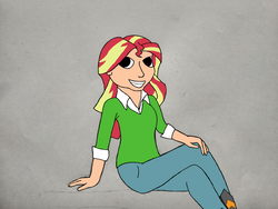 Size: 4160x3120 | Tagged: safe, artist:jesterofdestiny, derpibooru exclusive, sunset shimmer, human, equestria girls, g4, alternate clothes, clothes, digitally colored, dress shirt, female, jeans, looking at you, pants, shirt, sitting, smiling, solo, sweater, traditional art