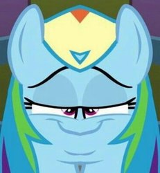 Size: 996x1080 | Tagged: safe, edit, edited screencap, screencap, rainbow dash, pony, g4, blursed image, faic, female, looking at you, mirrored, not salmon, smiling, smug, smugdash, solo, unitinu, wat, what has science done, wtf