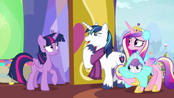Size: 1280x720 | Tagged: safe, screencap, princess cadance, princess flurry heart, shining armor, twilight sparkle, alicorn, pony, g4, my little pony best gift ever, clothes, earmuffs, scarf, sisters-in-law, star flurry heart, twilight sparkle (alicorn), twilight's castle, winter outfit