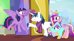 Size: 1280x720 | Tagged: safe, screencap, princess cadance, princess flurry heart, shining armor, twilight sparkle, alicorn, pony, unicorn, g4, my little pony best gift ever, :t, aunt and niece, baby, brother and sister, clothes, condescending, cute, earmuffs, father and daughter, female, happy, husband and wife, male, mare, married couple, mother and daughter, scarf, siblings, sisters-in-law, smiling, smirk, smug, spread wings, stallion, star flurry heart, twiabetes, twilight sparkle (alicorn), twilight's castle, twilynanas, wings, winter outfit