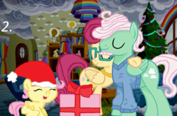 Size: 1082x708 | Tagged: safe, artist:sakurabizen, fluttershy, gentle breeze, posey shy, pony, g4, baby, baby pony, christmas, holiday