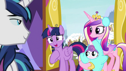 Size: 1280x720 | Tagged: safe, screencap, princess cadance, princess flurry heart, shining armor, twilight sparkle, alicorn, pony, g4, my little pony best gift ever, clothes, cute, earmuffs, flurrybetes, sisters-in-law, snow, star flurry heart, twilight sparkle (alicorn), twilight's castle, winter outfit