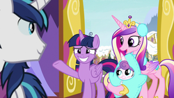 Size: 1280x720 | Tagged: safe, screencap, princess cadance, princess flurry heart, shining armor, twilight sparkle, alicorn, pony, g4, my little pony best gift ever, clothes, earmuffs, sisters-in-law, snow, star flurry heart, twilight sparkle (alicorn), twilight's castle, winter outfit