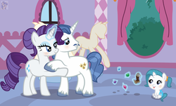 Size: 1673x1010 | Tagged: safe, artist:liya04, fancypants, rarity, oc, oc:violet diamond, pony, g4, baby, baby pony, family, female, male, offspring, parent:fancypants, parent:rarity, parents:raripants, ship:raripants, shipping, straight