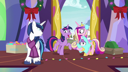 Size: 1280x720 | Tagged: safe, screencap, princess cadance, princess flurry heart, shining armor, twilight sparkle, alicorn, pony, g4, my little pony best gift ever, christmas, christmas lights, christmas wreath, clothes, earmuffs, holiday, scarf, sisters-in-law, star flurry heart, twilight sparkle (alicorn), twilight's castle, winter outfit, wreath