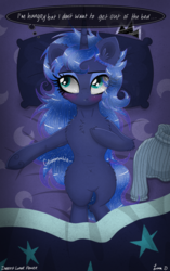 Size: 2200x3500 | Tagged: safe, artist:darkest-lunar-flower, princess luna, alicorn, pony, g4, :t, bed, bedsheets, belly, belly button, chest fluff, cute, cute little fangs, ear fluff, fangs, female, high res, hungry, jewelry, long mane, lying down, mare, on back, pillow, regalia, ribs, solo, sternocleidomastoid, stomach growl, stomach noise, thin, underhoof