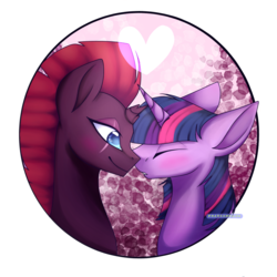 Size: 1000x1000 | Tagged: safe, artist:walkersky27, tempest shadow, twilight sparkle, alicorn, pony, unicorn, g4, broken horn, female, horn, lesbian, mare, ship:tempestlight, shipping