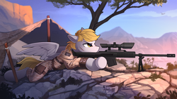 Size: 2500x1405 | Tagged: safe, artist:yakovlev-vad, oc, oc only, pegasus, pony, camouflage, camping, clothes, gun, male, military uniform, prone, rifle, slender, sniper rifle, solo, stallion, thin, uniform, weapon, who needs trigger fingers
