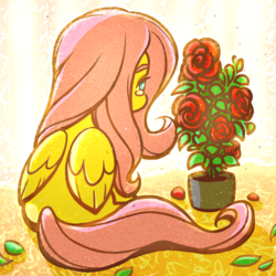 Size: 1929x1929 | Tagged: safe, artist:sigpi, fluttershy, pegasus, pony, g4, cute, female, flower, folded wings, leaf, looking at something, mare, petals, potted plant, rose, shyabetes, sitting, solo, teary eyes, wings