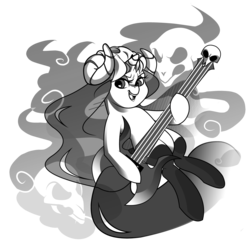Size: 3000x2924 | Tagged: safe, artist:tentacuddles, oc, oc only, oc:ebony bloodrose, ghost, pony, unicorn, buck legacy, card art, clothes, female, guitar, hat, high res, looking at you, mare, simple background, skull, solo, stockings, thigh highs, transparent background, transparent mane