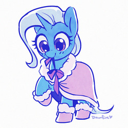 Size: 900x900 | Tagged: safe, artist:dawnfire, trixie, pony, unicorn, g4, boots, cape, clothes, cute, daaaaaaaaaaaw, diatrixes, female, mare, mouth hold, shoes, solo, winter outfit