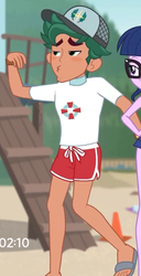 Size: 306x596 | Tagged: safe, screencap, timber spruce, equestria girls, g4, my little pony equestria girls: better together, unsolved selfie mysteries, clothes, cropped, feet, legs, lifeguard timber, male, offscreen character, sandals, shorts, solo focus