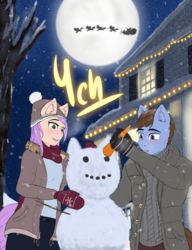 Size: 1680x2184 | Tagged: safe, artist:mintjuice, anthro, advertisement, carrot, christmas, clothes, commission, female, food, garland, hat, holiday, house, lights, male, mare, mittens, moon, night, santa claus, scarf, snow, snowfall, snowman, stallion, sweater, tree, winter, ych result