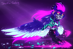 Size: 2025x1350 | Tagged: safe, artist:shad0w-galaxy, rainbow dash, pegasus, pony, g4, akali, bipedal, clothes, female, k/da, mare, neon, purple background, simple background, smiling, solo, spread wings, wings