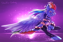 Size: 2025x1350 | Tagged: safe, artist:shad0w-galaxy, rainbow dash, pegasus, pony, g4, akali, belly button, bipedal, clothes, female, k/da, looking at you, mare, purple background, simple background, smiling, solo, spread wings, wings
