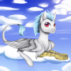 Size: 4000x4000 | Tagged: safe, artist:shkura2011, oc, oc only, hippogriff, absurd resolution, cloud, male, prone, solo