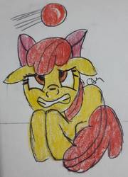 Size: 1245x1733 | Tagged: safe, artist:rapidsnap, apple bloom, earth pony, pony, g4, dodgeball, female, scared, solo, traditional art