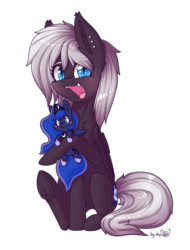 Size: 1600x2100 | Tagged: safe, artist:dsp2003, princess luna, oc, oc:stargazer, bat pony, pony, 2019 community collab, derpibooru community collaboration, g4, bat pony oc, cute, cute little fangs, dsp2003 is trying to murder us, fangs, female, hnnng, hoof hold, mare, open mouth, piercing, plushie, silly, simple background, sitting, solo, transparent background