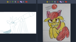 Size: 485x269 | Tagged: safe, apple bloom, gallus, griffon, derpibooru, g4, chest fluff, dodgeball, juxtaposition, meta, scared, telescope, wings