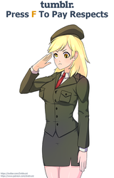 Size: 590x920 | Tagged: safe, artist:draltruist, derpy hooves, human, g4, clothes, female, humanized, press f to pay respects, salute, simple background, skirt, solo, tumblr, tumblr 2018 nsfw purge, tumblr drama, uniform