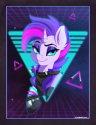 Size: 2300x3000 | Tagged: safe, artist:ciderpunk, oc, oc:synthwave, pony, 80s, bust, clothes, cyberpunk, glowstick, high res, looking at you, poster, punk, retro, retrowave, synthwave, vest