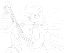 Size: 1000x833 | Tagged: safe, artist:dudey64, octavia melody, butterfly, pony, g4, cello, female, fountain, monochrome, musical instrument, sketch, solo, underhoof