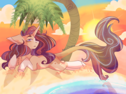 Size: 1024x768 | Tagged: safe, artist:akiiichaos, oc, oc only, oc:oasis (akiiichaos), pony, unicorn, female, mare, palm tree, prone, solo, tree