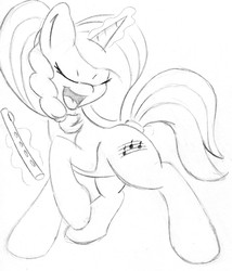 Size: 1652x1928 | Tagged: safe, artist:zemer, oc, oc:allegro dolce, pony, art trade, eyes closed, flute, levitation, magic, monochrome, musical instrument, open mouth, raised leg, singing, telekinesis