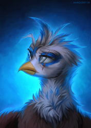 Size: 848x1200 | Tagged: safe, artist:margony, oc, oc only, griffon, abstract background, commission, eye scar, lineless, male, scar, signature, solo