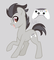 Size: 800x900 | Tagged: safe, artist:lullabyprince, artist:palerose522, oc, oc only, oc:keith (ice1517), earth pony, pony, icey-verse, gray background, magical gay spawn, male, next generation, offspring, open mouth, open smile, parent:button mash, parent:rumble, parents:rumblemash, raised hoof, simple background, smiling, solo, stallion