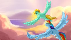 Size: 2560x1441 | Tagged: safe, artist:rutkotka, lightning dust, rainbow dash, pegasus, pony, g4, cloud, commission, duo, feather, female, flying, friends, looking at each other, looking back, mare, mountain, sky, smiling, spread wings, wallpaper, wings, ych result