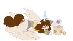 Size: 1920x1080 | Tagged: safe, artist:teapup, derpibooru exclusive, oc, oc only, oc:faerie, pony, ageplay, blocks, cute, desaturated, full body, levitation, lying down, magic, playing with toys, reaching, simple background, solo, spread wings, stress, stress relief, telekinesis, toy, transparent background, white outline, wings