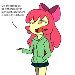 Size: 3000x3000 | Tagged: safe, artist:mrfidget, apple bloom, human, equestria girls, g4, dialogue, female, high res, implied prostitution, pimp, solo